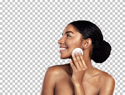 Buy stock photo Woman, cotton pad and thinking of skin care, beauty or makeup cleanser and dermatology. African person or model profile with wipe for cosmetics and facial glow isolated on transparent PNG background