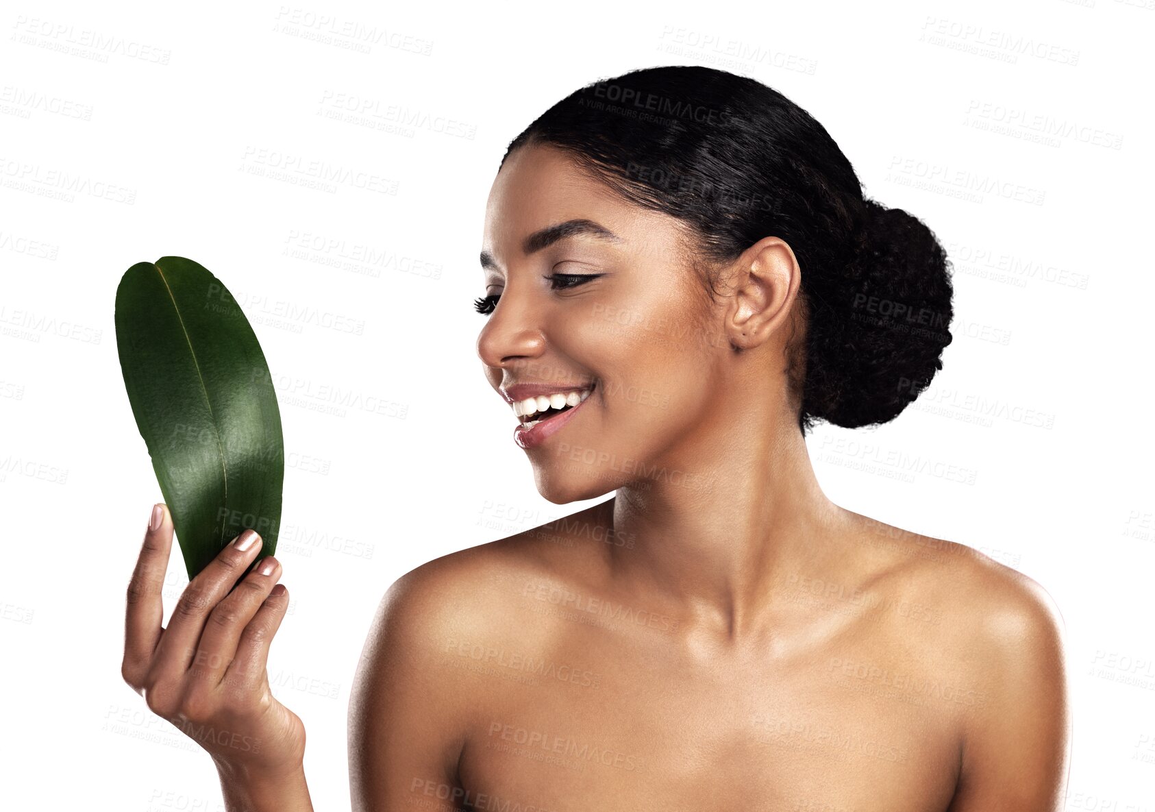 Buy stock photo Happy woman, leaf and smile for natural skincare in beauty isolated on a transparent PNG background. Face of female person or model with green plant or leaves in eco friendly cosmetics or dermatology