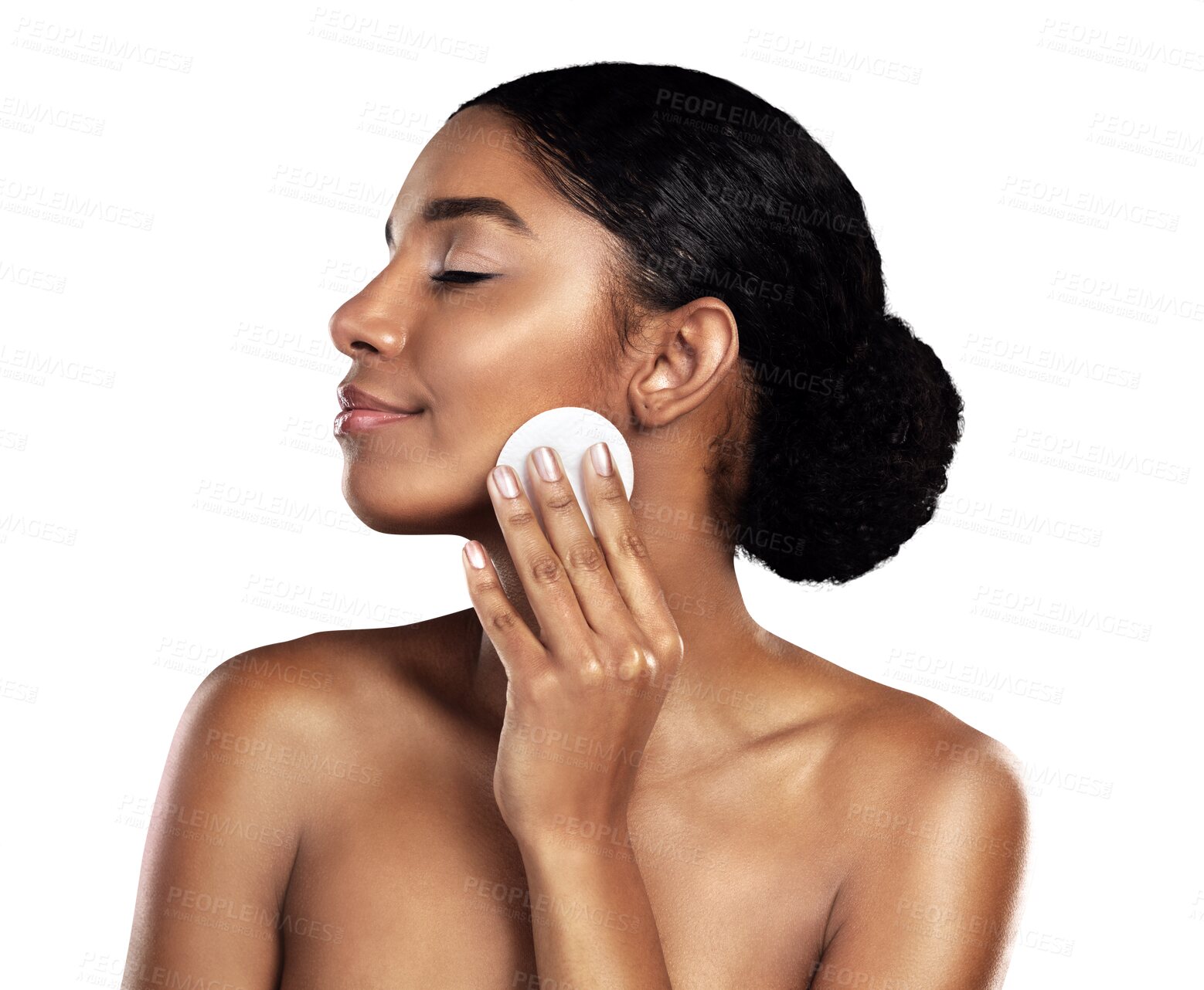 Buy stock photo Woman face, cotton pad and skincare, beauty or cosmetics product for dermatology results. African person or model with hygiene wipe for makeup or facial glow isolated on a transparent, PNG background