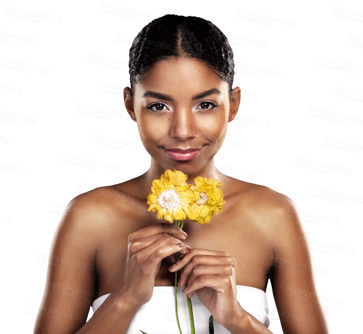 Buy stock photo Woman, portrait and yellow flowers or natural skincare, eco friendly beauty or isolated on transparent png background. African person, cosmetics and smile or daisy plant, grooming or floral facial