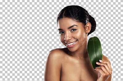 Buy stock photo Portrait, happy woman and leaf for natural skincare isolated on a transparent PNG background. Face of female person or model smile with green plant or leaves for eco friendly cosmetics or dermatology