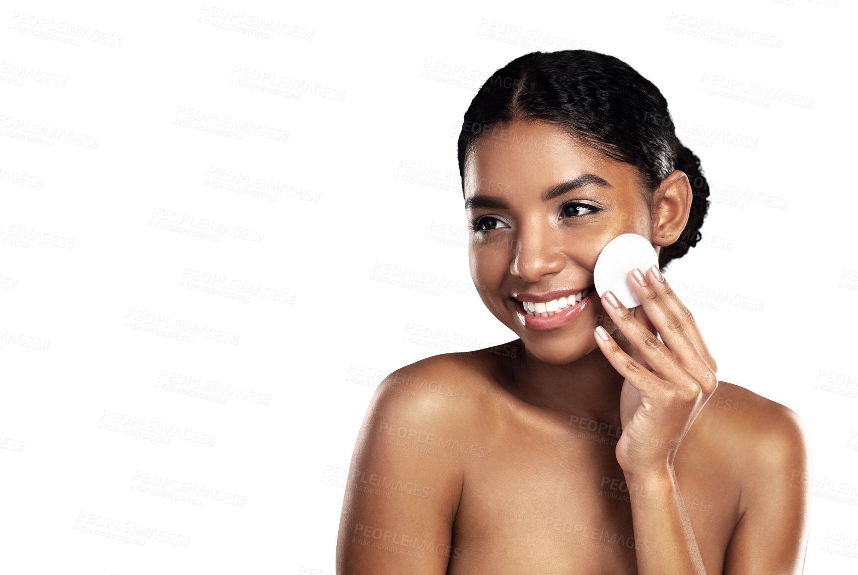 Buy stock photo Woman, cotton pad and thinking of skincare, beauty or makeup cleanser and dermatology. African person or model smile for hygiene wipe, makeup and facial glow isolated on a transparent, PNG background