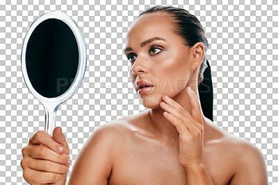 Buy stock photo Beauty, makeup and young woman with a mirror for cosmetic, natural and face glamour routine. Skincare, health and female person with cosmetology treatment isolated by transparent png background.