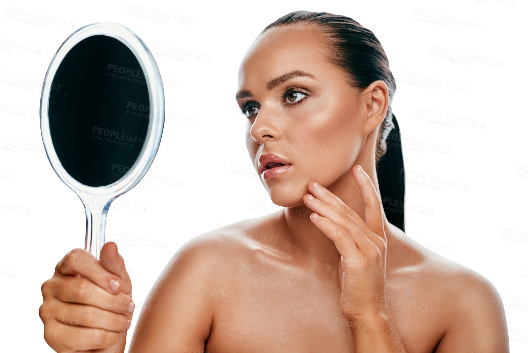 Buy stock photo Beauty, makeup and young woman with a mirror for cosmetic, natural and face glamour routine. Skincare, health and female person with cosmetology treatment isolated by transparent png background.