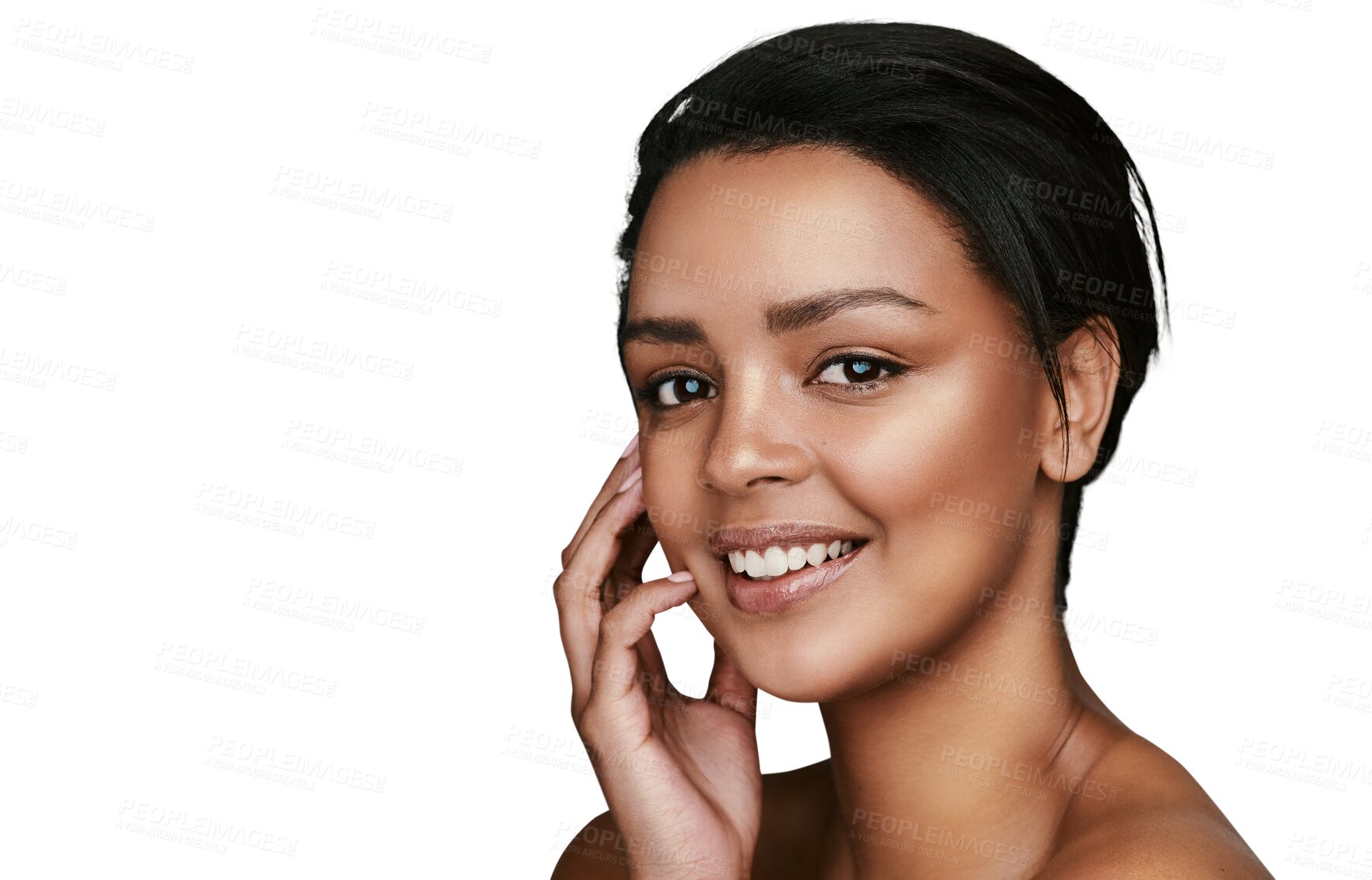 Buy stock photo Beauty, smile and portrait of young woman with cosmetic, natural and face glamour routine. Skincare, health and happy female person with cosmetology treatment isolated by transparent png background.