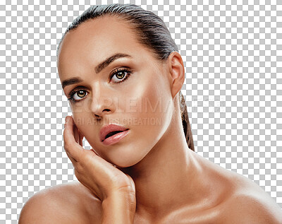 Buy stock photo Beauty, makeup and portrait of young woman with cosmetic, natural and face glamour routine. Skincare, health and female person with cosmetology treatment isolated by transparent png background.