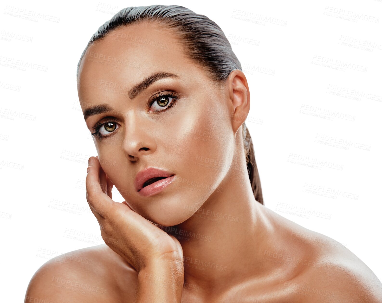 Buy stock photo Beauty, makeup and portrait of young woman with cosmetic, natural and face glamour routine. Skincare, health and female person with cosmetology treatment isolated by transparent png background.