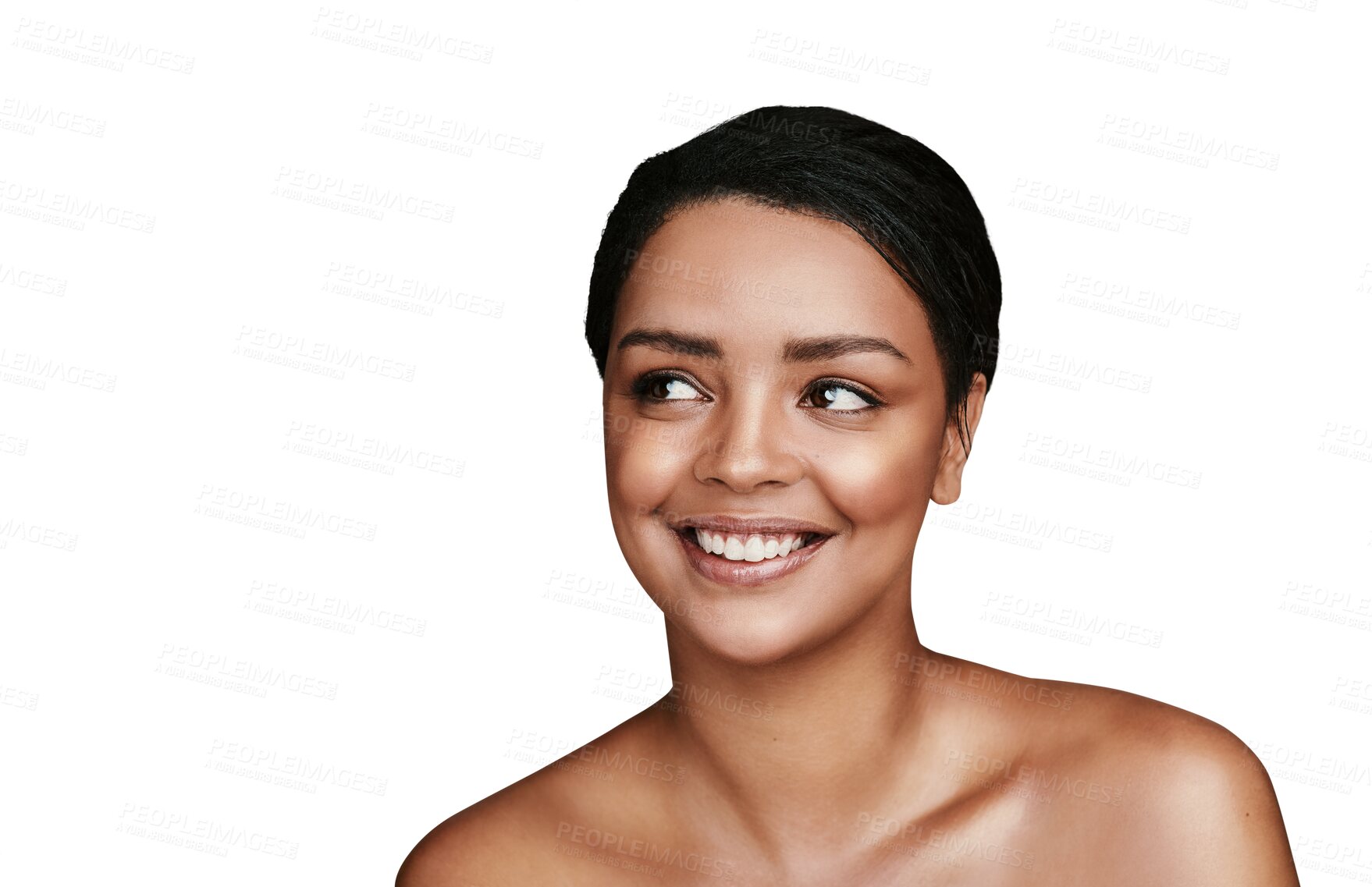 Buy stock photo Shine, beauty and woman with skincare, cosmetics and wellness isolated on a transparent background. Smile, person and model with confidence, grooming routine and treatment with png, luxury and health