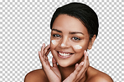 Buy stock photo Beauty, face cream and portrait of young woman with cosmetic, natural and healthy facial routine. Skincare, smile and female person with dermatology treatment isolated by transparent png background.