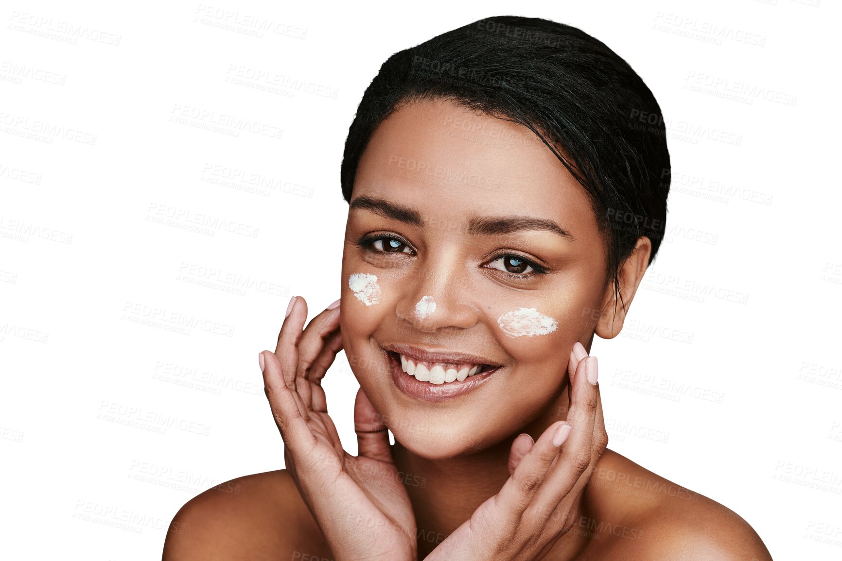 Buy stock photo Beauty, face cream and portrait of young woman with cosmetic, natural and healthy facial routine. Skincare, smile and female person with dermatology treatment isolated by transparent png background.