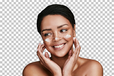 Buy stock photo Skincare, face cream and portrait of young woman with cosmetic, natural and healthy face routine. Beauty, smile and female person with dermatology treatment isolated by transparent png background.