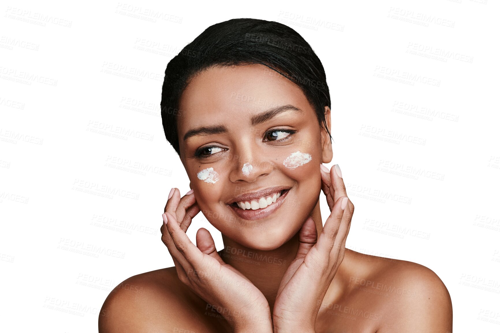 Buy stock photo Skincare, face cream and portrait of young woman with cosmetic, natural and healthy face routine. Beauty, smile and female person with dermatology treatment isolated by transparent png background.