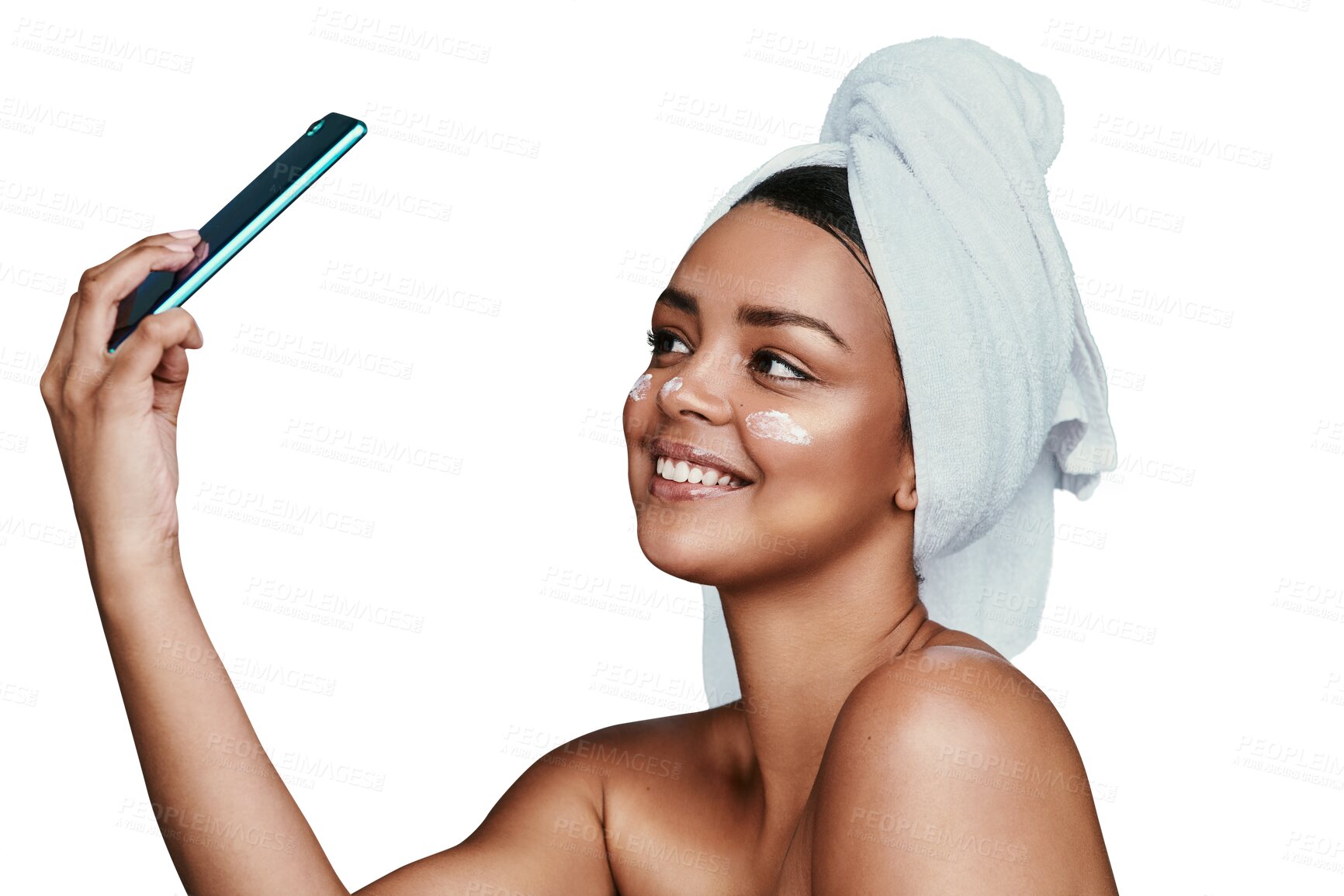 Buy stock photo Selfie, skincare and cream with a woman in a towel isolated on a transparent background for hygiene. Beauty, bathroom and lotion with a young person on PNG for a photograph as a wellness influencer