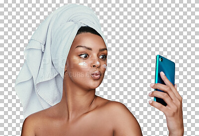 Buy stock photo Selfie, beauty and lotion with a woman in a towel isolated on a transparent background for hygiene. Skincare, cream and pout with a young person on PNG for a bathroom photograph as an influencer