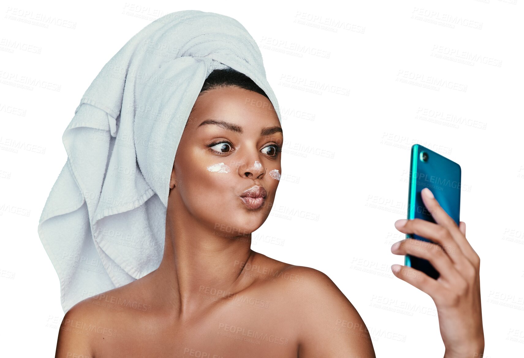 Buy stock photo Selfie, beauty and lotion with a woman in a towel isolated on a transparent background for hygiene. Skincare, cream and pout with a young person on PNG for a bathroom photograph as an influencer