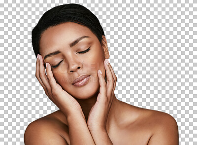 Buy stock photo Luxury, beauty and woman with skincare, cosmetics and shine isolated on transparent background. Wellness, person and model with confidence, grooming routine or treatment with png, self care or health