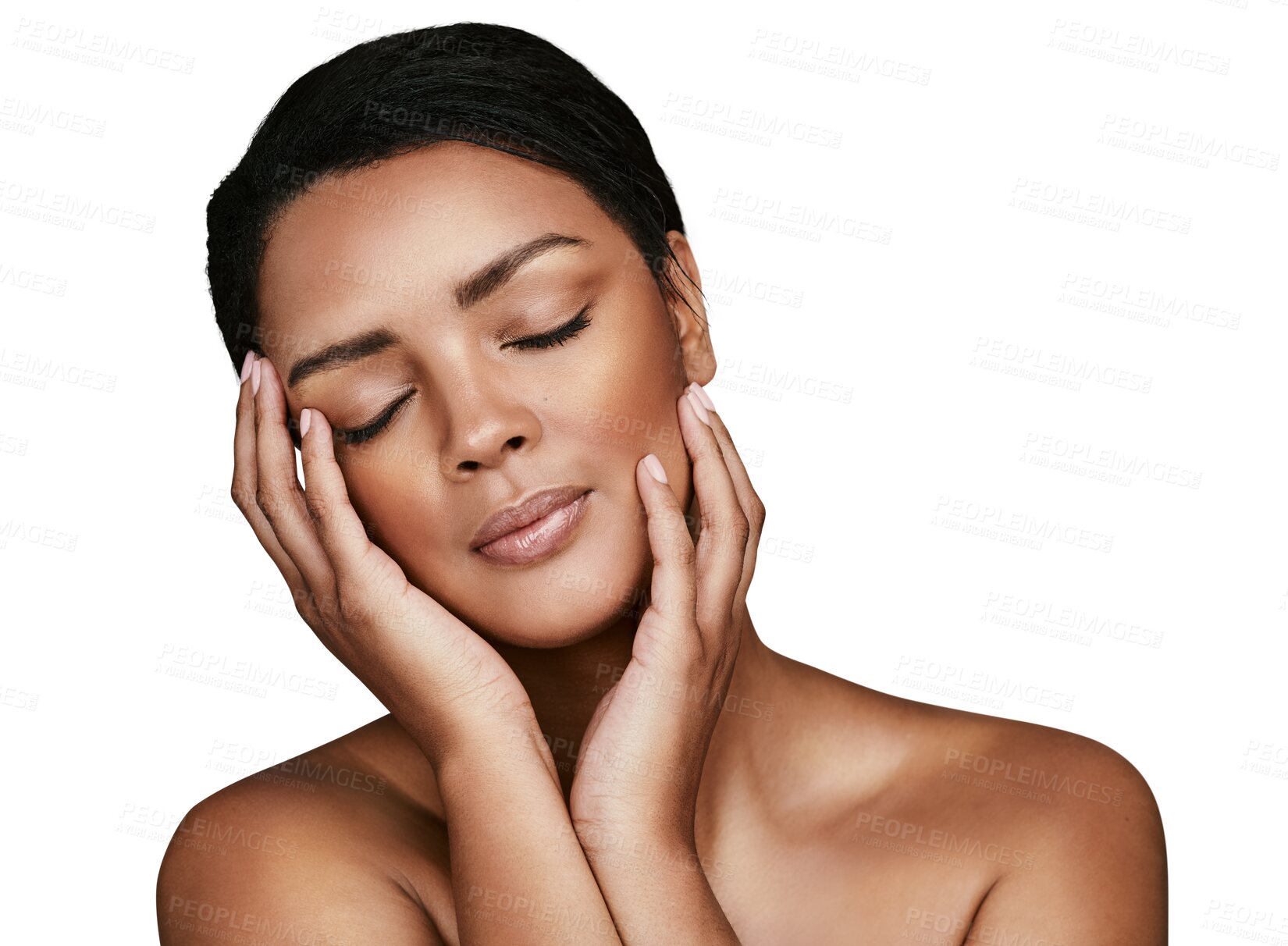 Buy stock photo Luxury, beauty and woman with skincare, cosmetics and shine isolated on transparent background. Wellness, person and model with confidence, grooming routine or treatment with png, self care or health