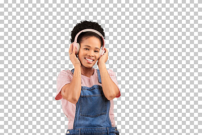 Buy stock photo Woman, portrait and music for headphones listening or radio, audio or isolated transparent png background. Black person, face and smile for streaming playlist or jazz song track, podcast or hip hop