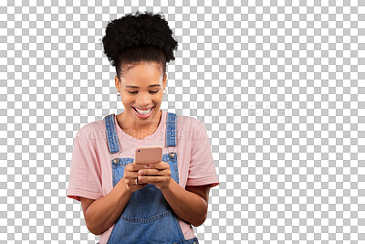 Buy stock photo African, happy woman and typing with phone on social media with transparent, isolated or png background. Networking, chat and model with cellphone for mobile app, online reading or funny meme