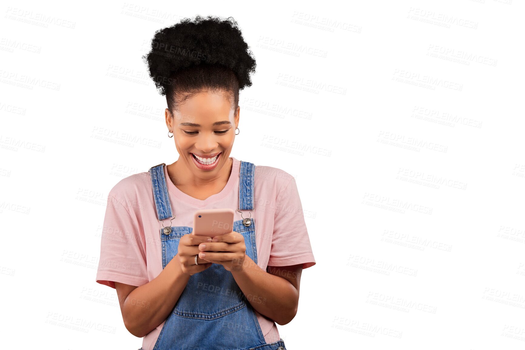 Buy stock photo African, happy woman and typing with phone on social media with transparent, isolated or png background. Networking, chat and model with cellphone for mobile app, online reading or funny meme