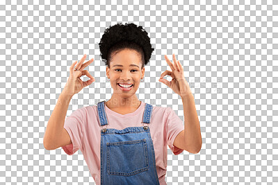 Buy stock photo Portrait, happy woman and smile with hands for ok, sign or perfect for information. Female model, support and agree for wow on isolated or transparent png background for offer, announcement or deal