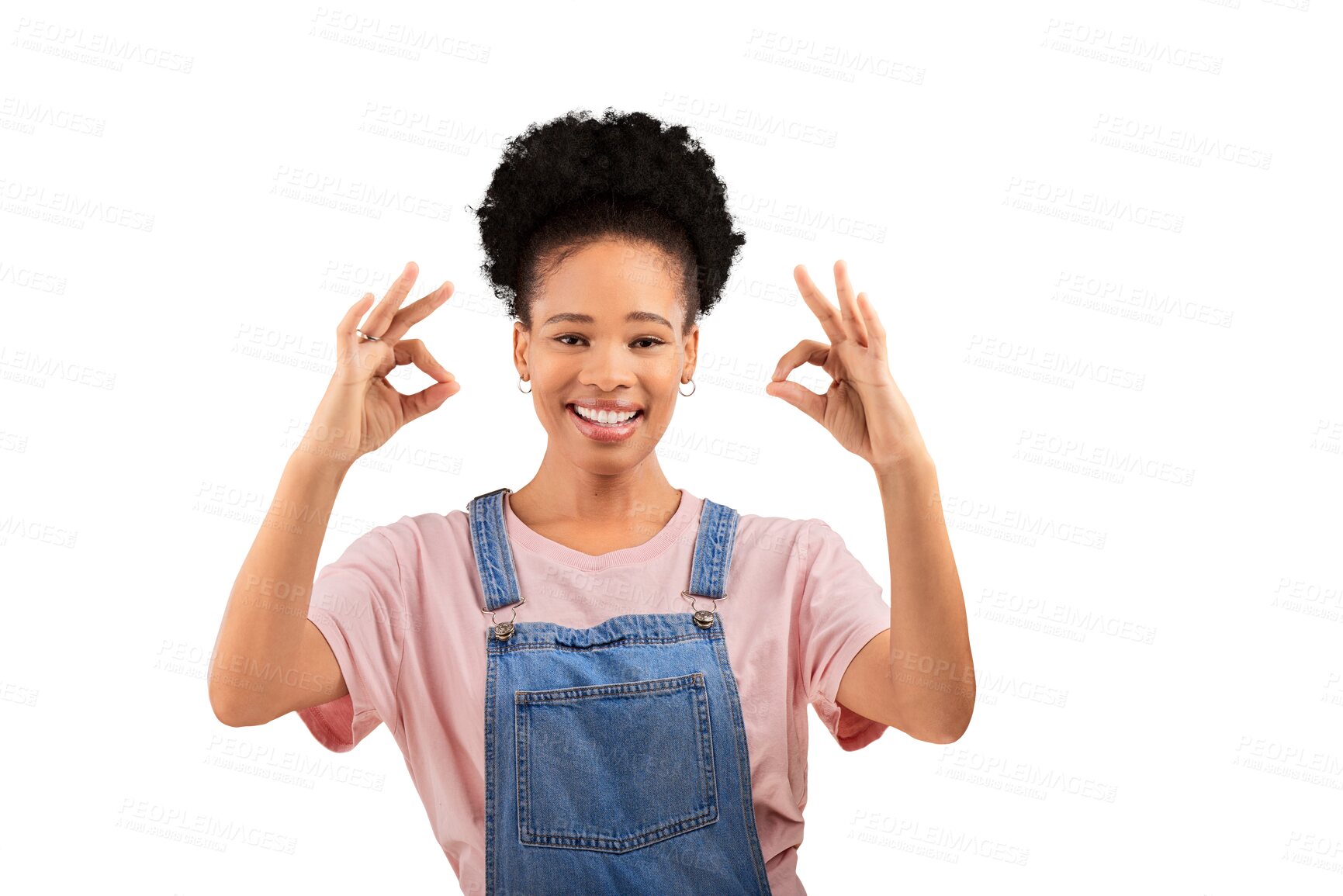 Buy stock photo Portrait, happy woman and smile with hands for ok, sign or perfect for information. Female model, support and agree for wow on isolated or transparent png background for offer, announcement or deal