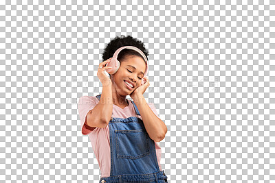 Buy stock photo Woman, happy and headphones music listening or radio, rock audio or isolated transparent png background. Black person, smile and streaming playlist for jazz song track, podcast fun or hear hip hop