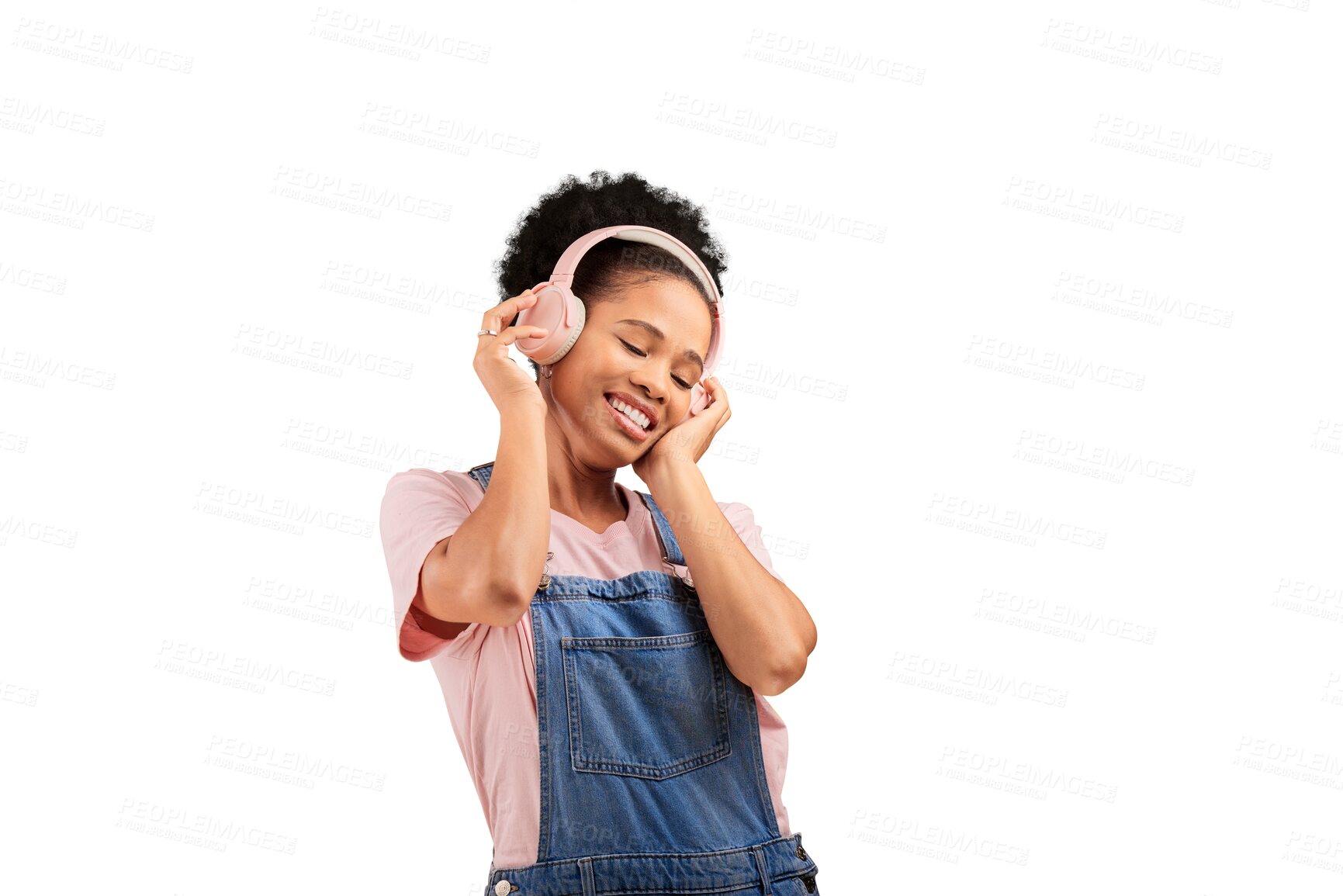 Buy stock photo Woman, happy and headphones music listening or radio, rock audio or isolated transparent png background. Black person, smile and streaming playlist for jazz song track, podcast fun or hear hip hop