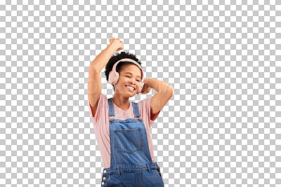 Buy stock photo Woman, dance and music for headphones audio or radio, rock listen or isolated transparent png background. Black person, move and smile for streaming playlist or jazz song track, podcast or hip hop