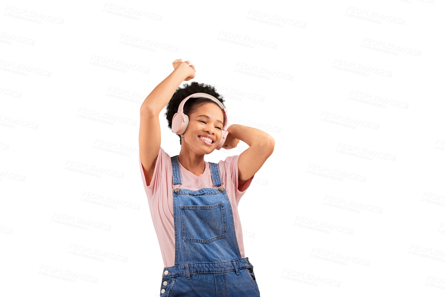 Buy stock photo Woman, dance and music for headphones audio or radio, rock listen or isolated transparent png background. Black person, move and smile for streaming playlist or jazz song track, podcast or hip hop