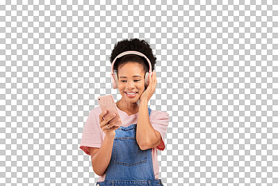 Buy stock photo Woman, cellphone and headphones for listening happy or music audio, internet or isolated transparent png background. Black person, face and smile for streaming playlist online, hip hop or podcast