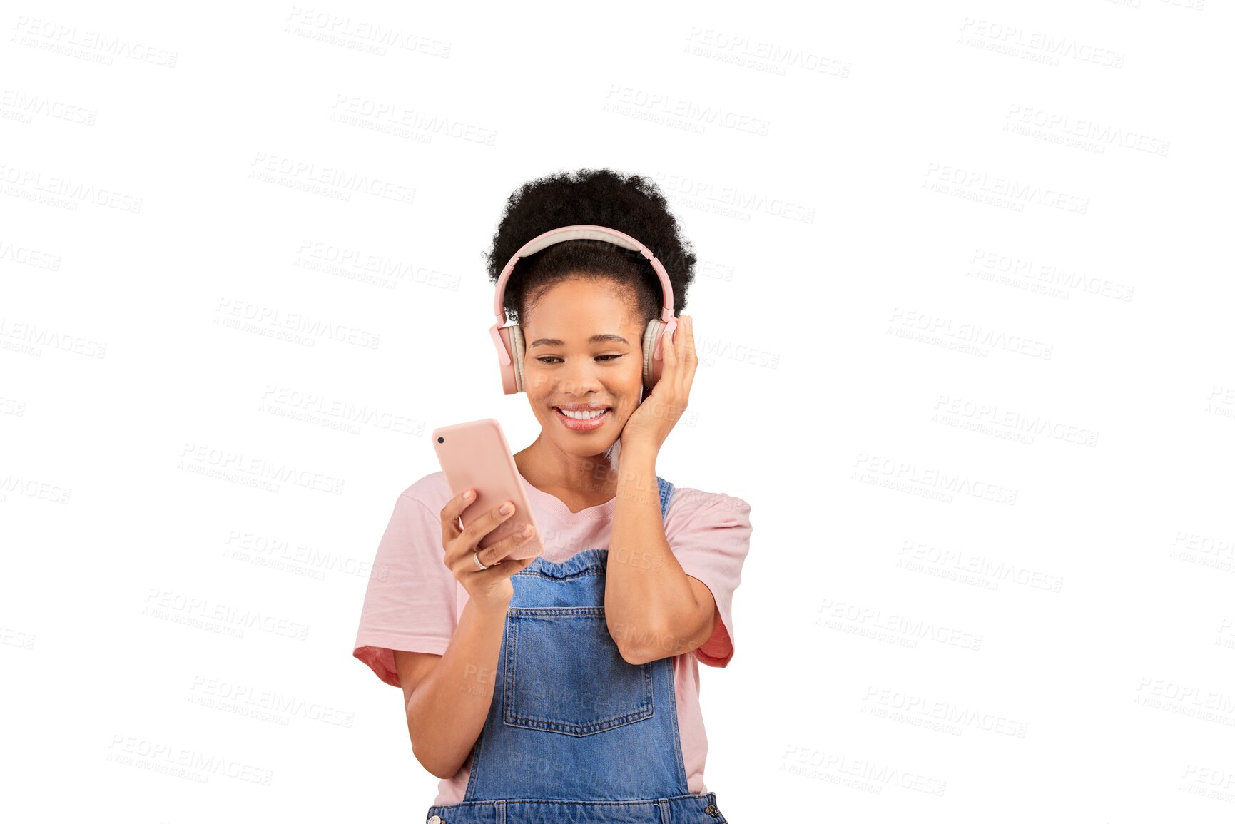 Buy stock photo Woman, cellphone and headphones for listening happy or music audio, internet or isolated transparent png background. Black person, face and smile for streaming playlist online, hip hop or podcast