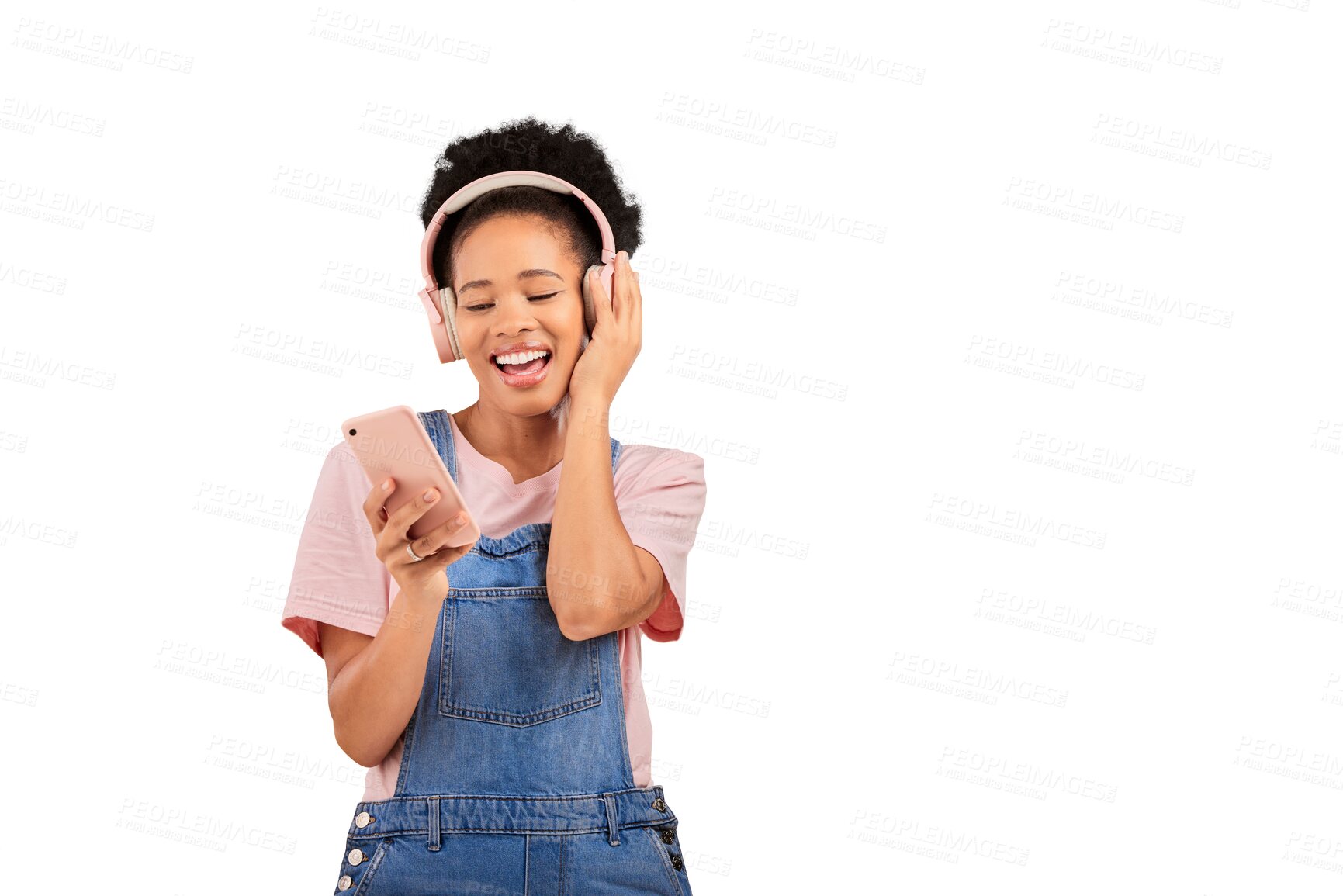 Buy stock photo Woman, smile and cellphone or headphones for music or radio, online or isolated transparent png background. Black person, mobile for streaming playlist or jazz track, podcast or hip hop listening