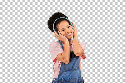 Buy stock photo Woman, portrait and music for headphones audio or radio, listening or isolated transparent png background. Black person, face and smile for streaming playlist as rock song track, podcast or hip hop