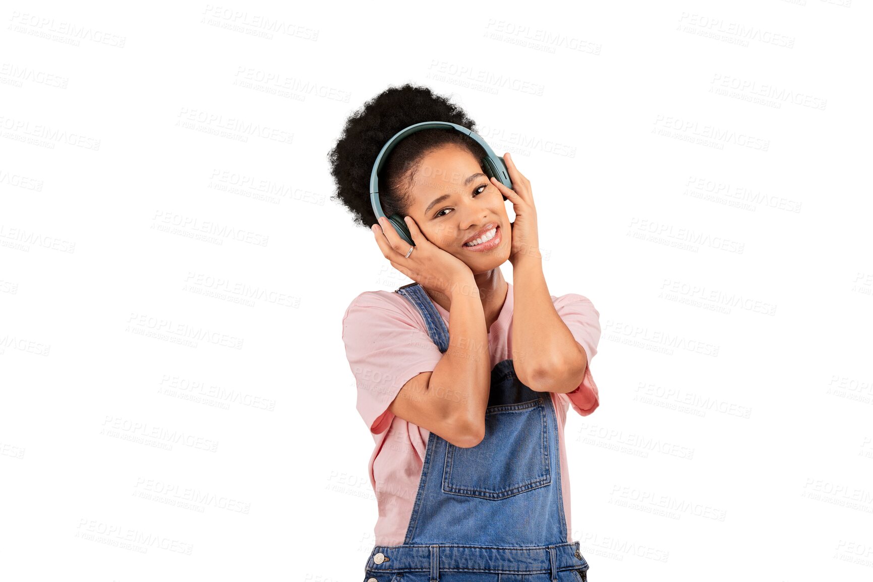 Buy stock photo Woman, portrait and music for headphones audio or radio, listening or isolated transparent png background. Black person, face and smile for streaming playlist as rock song track, podcast or hip hop