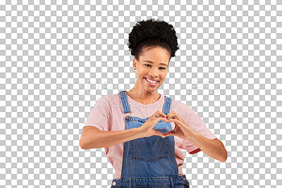 Buy stock photo Portrait, like and heart hands for love with a black woman isolated on a transparent background. Smile, emoji or social media with a happy young person on PNG for reaction to a status or post