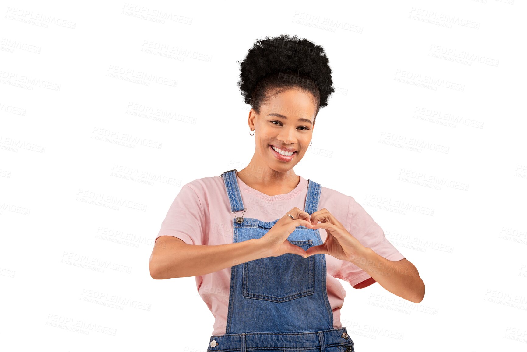 Buy stock photo Portrait, like and heart hands for love with a black woman isolated on a transparent background. Smile, emoji or social media with a happy young person on PNG for reaction to a status or post