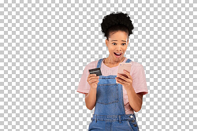 Buy stock photo Happy woman, mobile app and credit card for e commerce, fintech or digital banking on web. Female model, excited or wow emoji with tech for online shopping on isolated or transparent png background