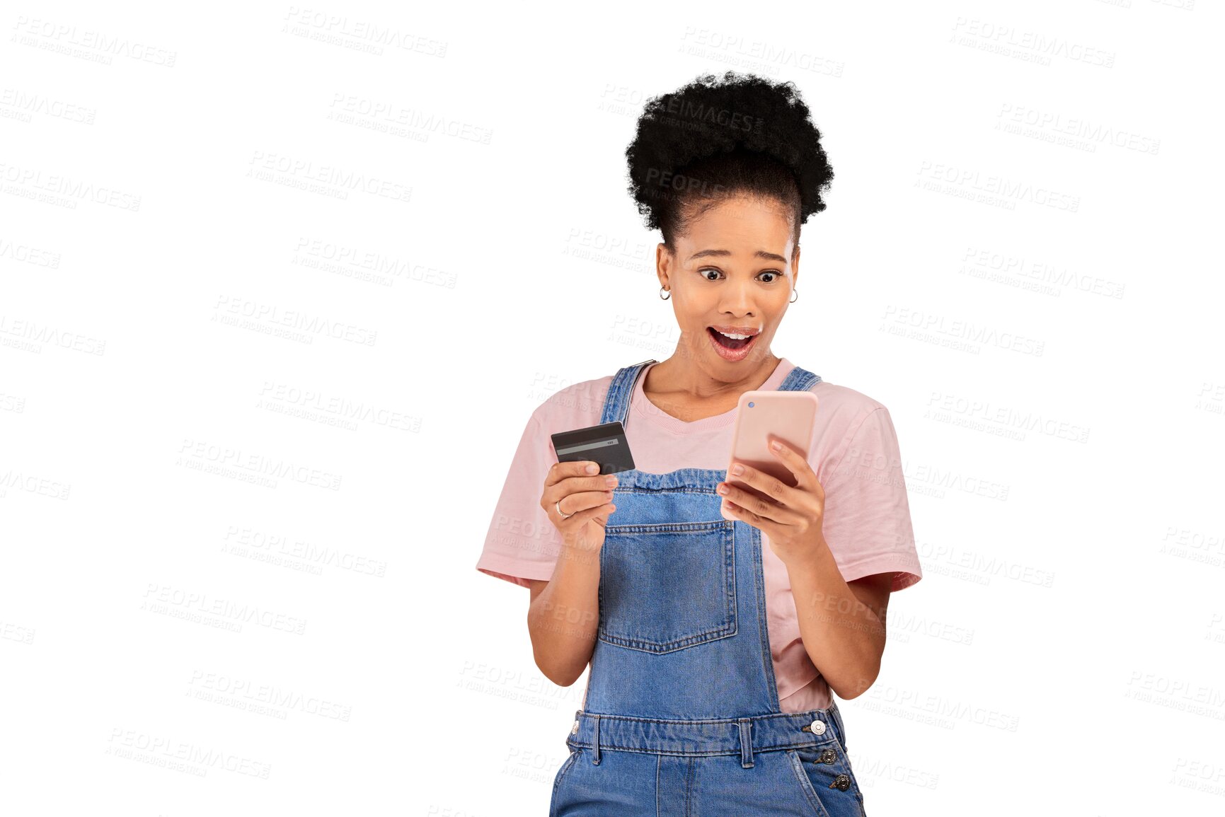 Buy stock photo Happy woman, mobile app and credit card for e commerce, fintech or digital banking on web. Female model, excited or wow emoji with tech for online shopping on isolated or transparent png background