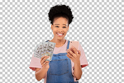 Buy stock photo Portrait, happy woman and finance for winning with phone, competition or event for cash prize. Black person, model or smile for bonus, giveaway and money fan on isolated or transparent png background