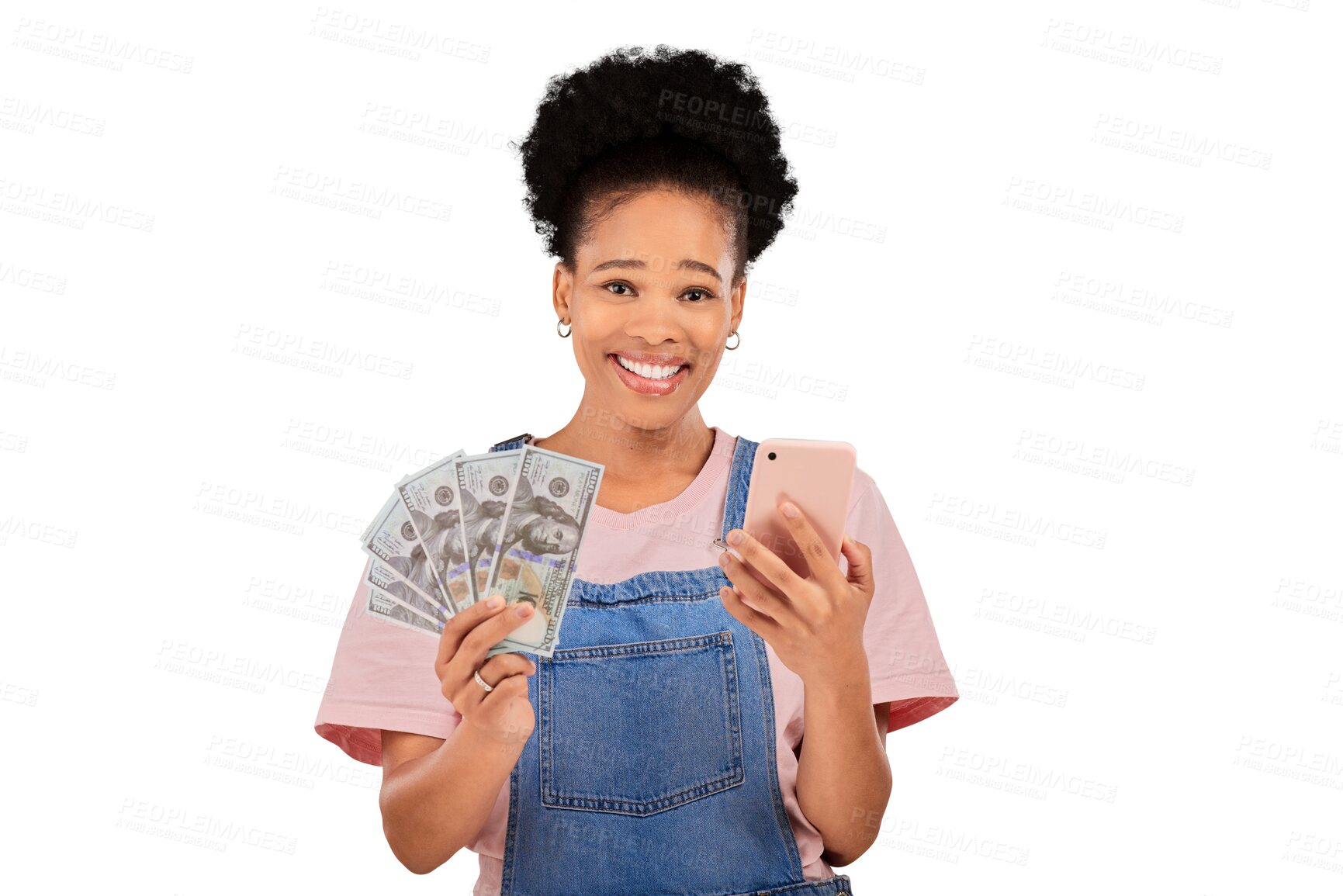 Buy stock photo Portrait, happy woman and finance for winning with phone, competition or event for cash prize. Black person, model or smile for bonus, giveaway and money fan on isolated or transparent png background