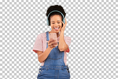 Buy stock photo Woman, smile and cellphone or headphones for listening or radio, online or isolated transparent png background. Black person, mobile for streaming playlist or jazz track, podcast or hip hop audio