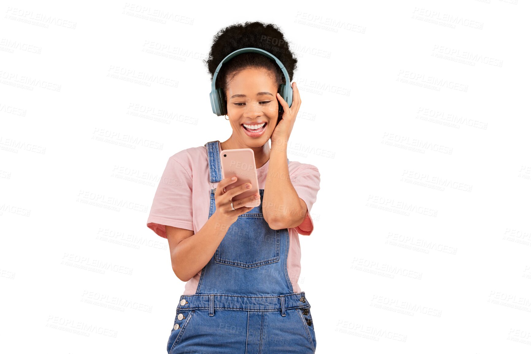 Buy stock photo Woman, smile and cellphone or headphones for listening or radio, online or isolated transparent png background. Black person, mobile for streaming playlist or jazz track, podcast or hip hop audio