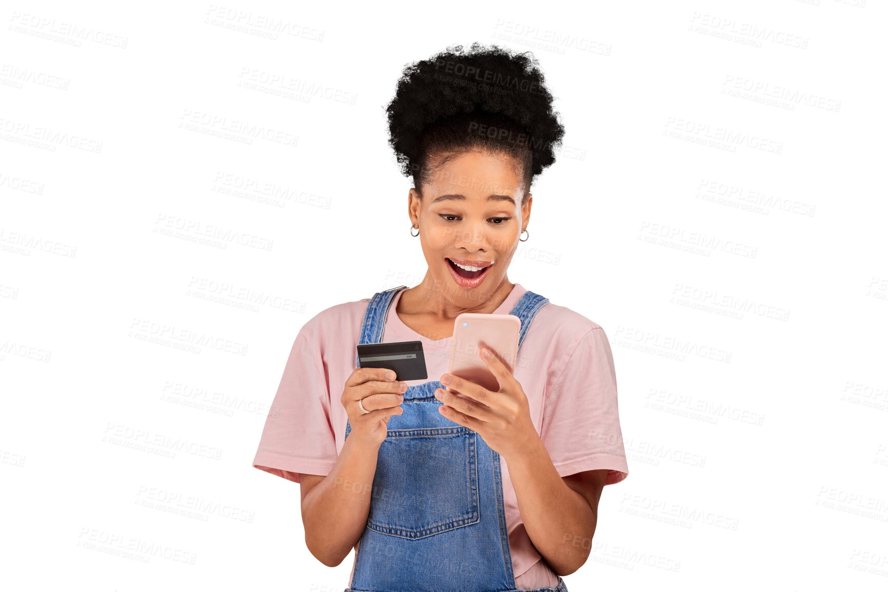 Buy stock photo Happy woman, mobile and credit card with surprise for digital banking, e commerce or fintech. Female model, excited or wow emoji for news, cash back or prize on isolated or transparent png background