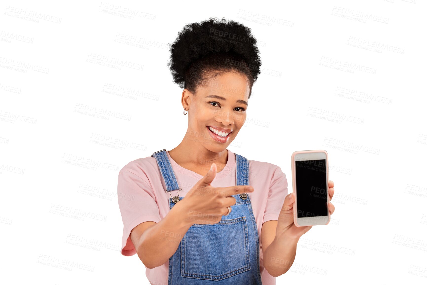 Buy stock photo Portrait, happy woman and smile with phone screen for pointing, online and offer with notification. Female model, mobile app or web for info, about us or faq on isolated or transparent png background