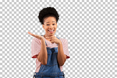 Buy stock photo Portrait, pointing and black woman with presentation to her palm for the promotion or advertising. Smile, happy and young African female model with show gesture isolated by transparent png background