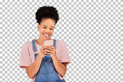 Buy stock photo Happy woman, smile and phone for texting, email or app for communication, social media or connectivity. Female model, hold and mobile for internet, cellular or isolated on transparent png background