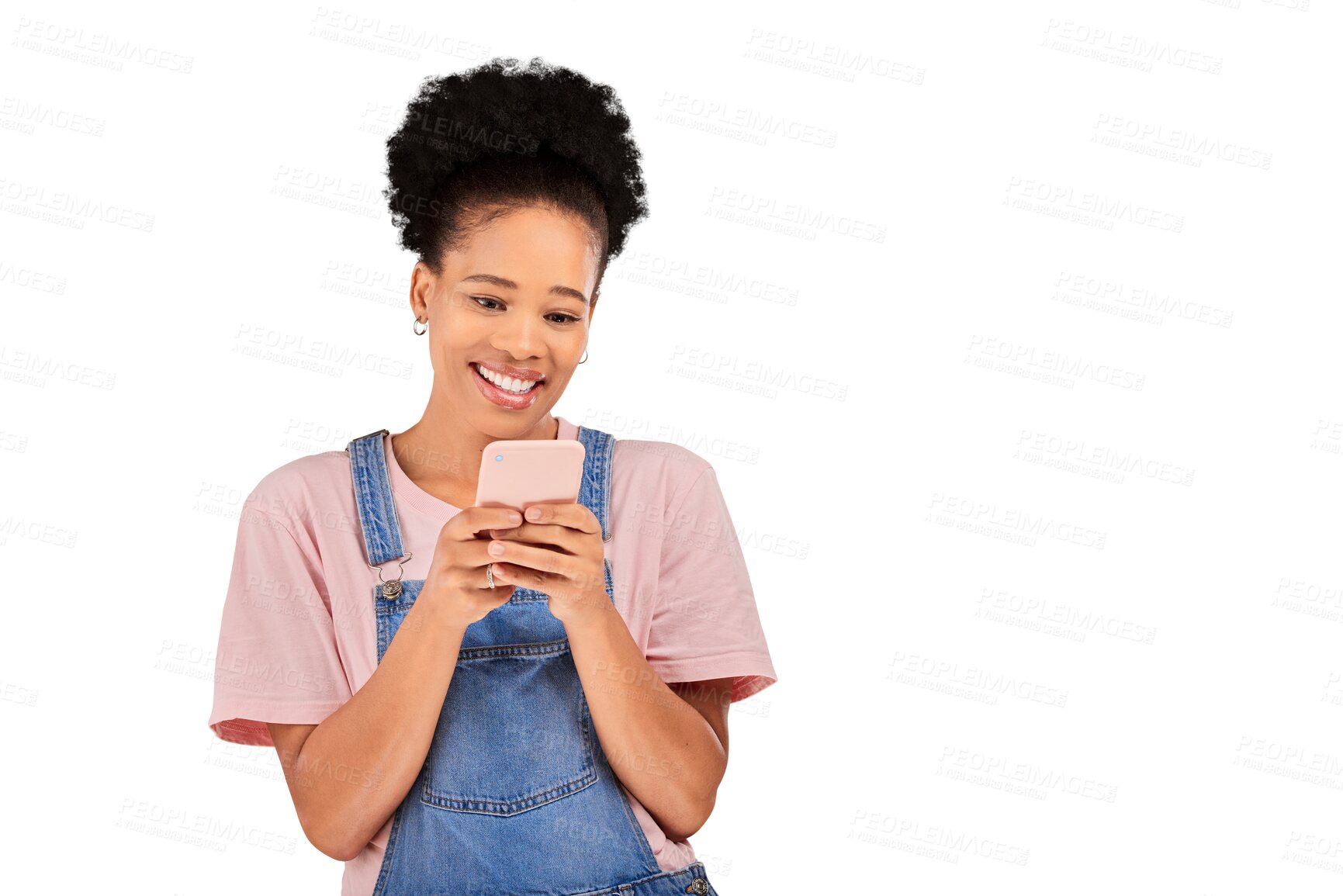 Buy stock photo Happy woman, smile and phone for texting, email or app for communication, social media or connectivity. Female model, hold and mobile for internet, cellular or isolated on transparent png background