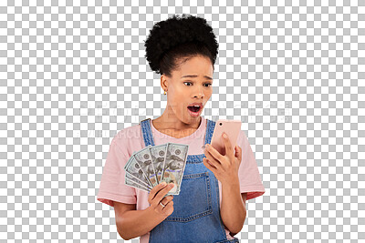 Buy stock photo Woman, surprise and money with phone for winning, online and announcement on app. Black person, mobile and shock for news, notification and cash back bonus on isolated or transparent png background