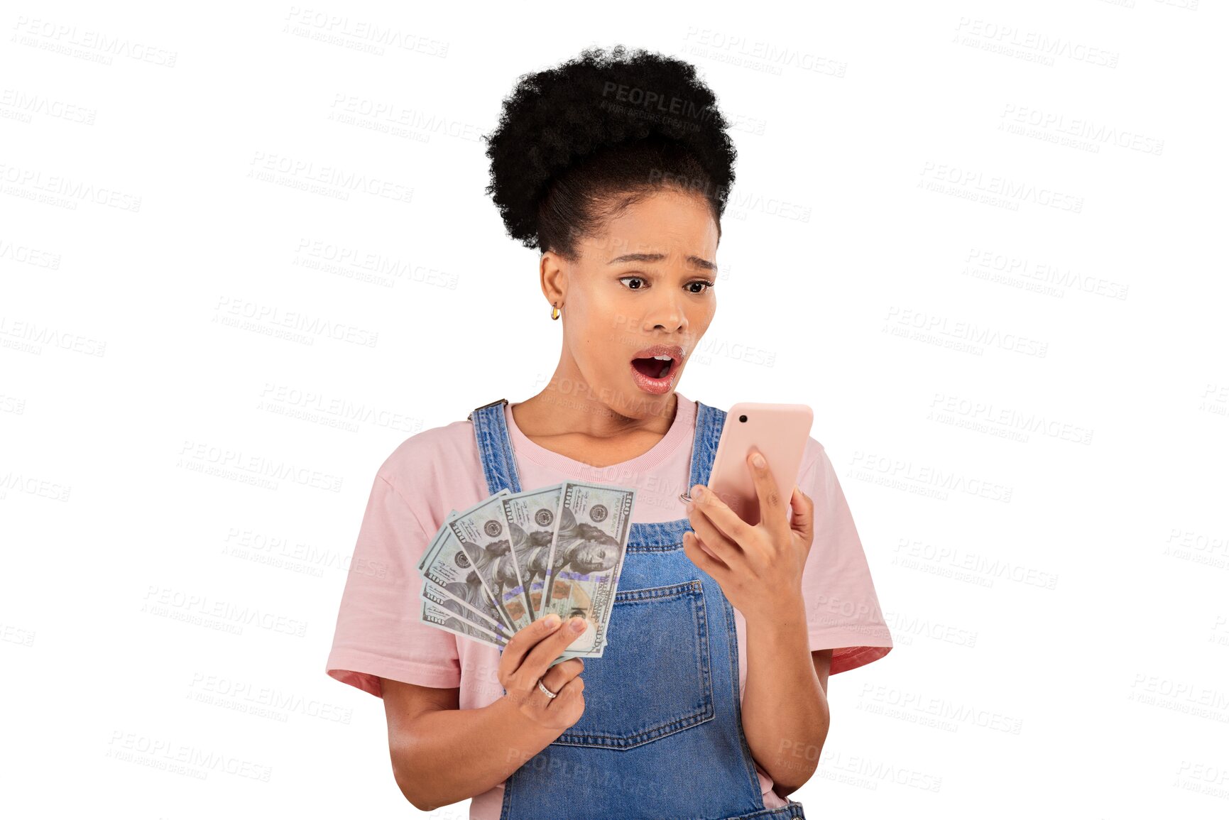 Buy stock photo Woman, surprise and money with phone for winning, online and announcement on app. Black person, mobile and shock for news, notification and cash back bonus on isolated or transparent png background